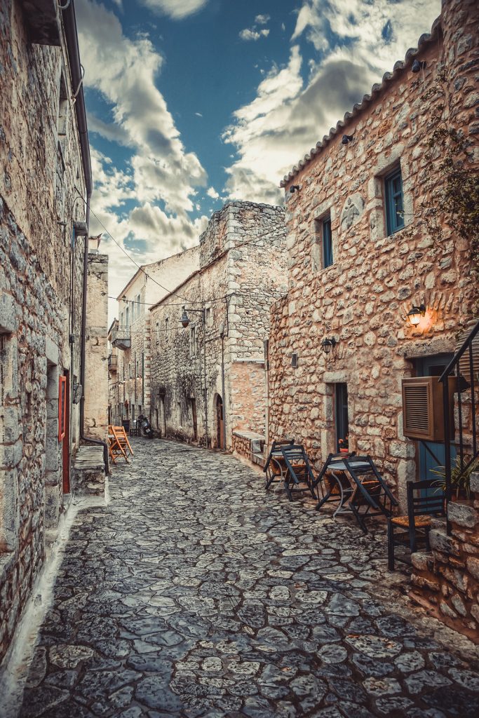 areopoli stone paved street